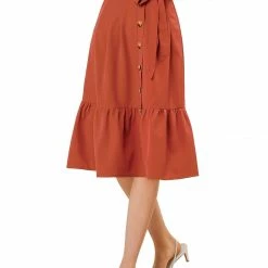 Allegra K Women's Vintage High Waisted Button Decor A-Line Belted Chiffon Ruffle Midi Skirt