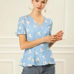Allegra K Women's V Neck Short Sleeve Self Tie Floral Wrap Tops Blouse