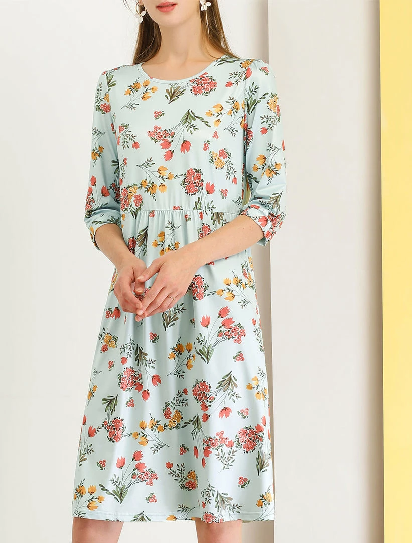 Allegra K Women's Loose Casual Floral Print Knee Length 3/4 Sleeves A-Line Dress 4 Allegra K Women's Loose Casual Floral Print Knee Length 3/4 Sleeves A-Line Dress