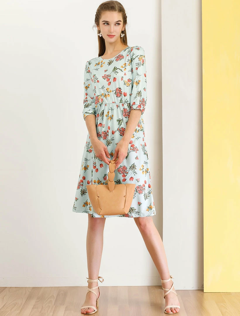 Allegra K Women's Loose Casual Floral Print Knee Length 3/4 Sleeves A-Line Dress 5 Allegra K Women's Loose Casual Floral Print Knee Length 3/4 Sleeves A-Line Dress