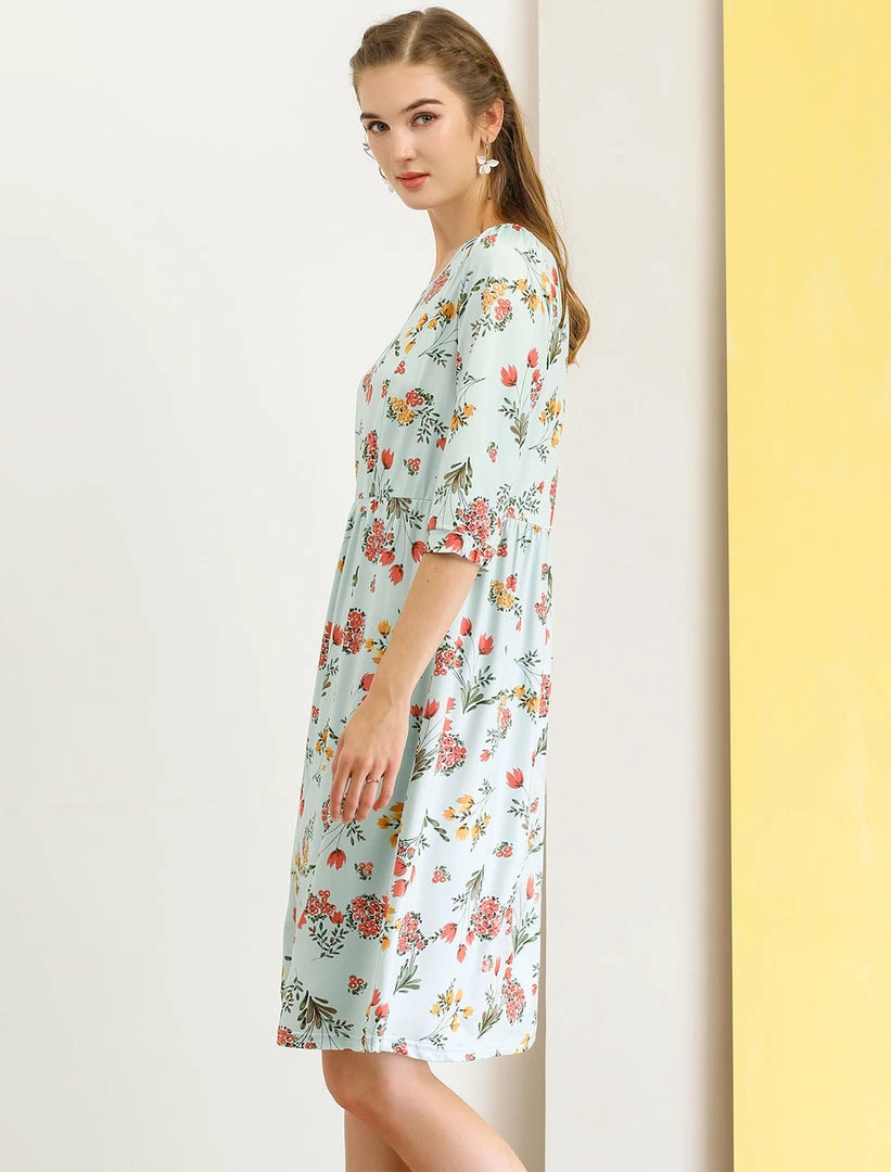 Allegra K Women's Loose Casual Floral Print Knee Length 3/4 Sleeves A-Line Dress 6 Allegra K Women's Loose Casual Floral Print Knee Length 3/4 Sleeves A-Line Dress