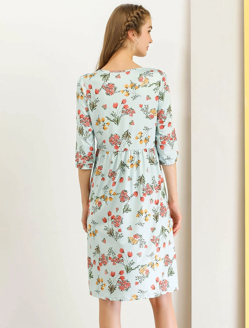 Allegra K Women's Loose Casual Floral Print Knee Length 3/4 Sleeves A-Line Dress 7 Allegra K Women's Loose Casual Floral Print Knee Length 3/4 Sleeves A-Line Dress