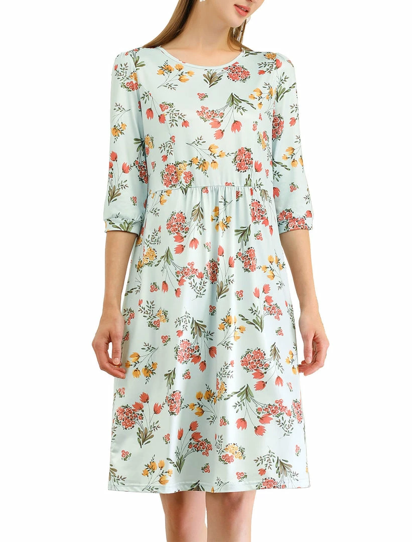Allegra K Women's Loose Casual Floral Print Knee Length 3/4 Sleeves A-Line Dress 3 Allegra K Women's Loose Casual Floral Print Knee Length 3/4 Sleeves A-Line Dress