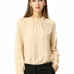 Allegra K Women's Work Ruffle Trim Mock Neck Button Decor Solid Blouse Shirt