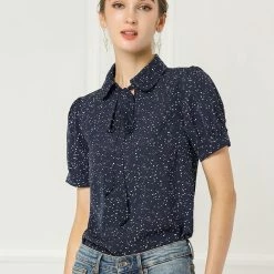 Allegra K Women's Polka Dots Short Sleeve Bow Tie Peter Pan Collar Chiffon Blouse