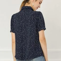 Allegra K Women's Polka Dots Short Sleeve Bow Tie Peter Pan Collar Chiffon Blouse