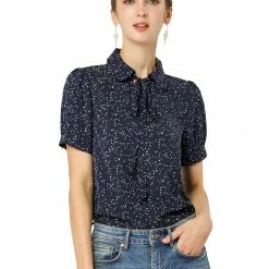 Allegra K Women's Polka Dots Short Sleeve Bow Tie Peter Pan Collar Chiffon Blouse