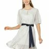Allegra K Women's Summer Lace Half Sleeves Tie Waist Flare A-Line Dress