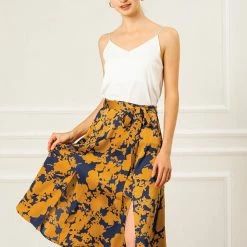 Allegra K Women's High Elastic Waist Belted Slit A-Line Midi Floral Print Skirt