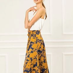 Allegra K Women's High Elastic Waist Belted Slit A-Line Midi Floral Print Skirt