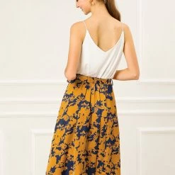 Allegra K Women's High Elastic Waist Belted Slit A-Line Midi Floral Print Skirt