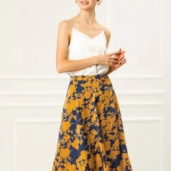 Allegra K Women's High Elastic Waist Belted Slit A-Line Midi Floral Print Skirt