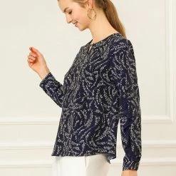 Allegra K Women's Ruffle Trim Long Sleeve Vintage Tops Keyhole Neck Floral Blouse