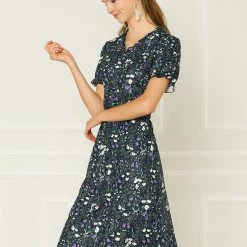 Allegra K Women's Cute Ruffled Floral Print Elastic Waist V-Neck Short Sleeve A-Line Spring Midi Dress