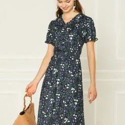 Allegra K Women's Cute Ruffled Floral Print Elastic Waist V-Neck Short Sleeve A-Line Spring Midi Dress