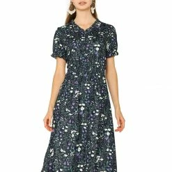 Allegra K Women's Cute Ruffled Floral Print Elastic Waist V-Neck Short Sleeve A-Line Spring Midi Dress