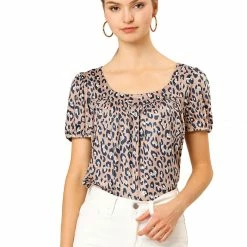 Allegra K Women's Animal Print Top Short Sleeve Pleated U-neck Knit Leopard T-shirt