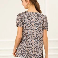 Allegra K Women's Animal Print Top Short Sleeve Pleated U-neck Knit Leopard T-shirt