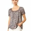 Allegra K Women's Animal Print Top Short Sleeve Pleated U-neck Knit Leopard T-shirt