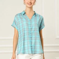 Allegra K Women's Plaid Check Button Down Shirt Short Sleeve Summer Workwear Top Blouse