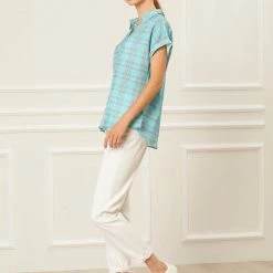 Allegra K Women's Plaid Check Button Down Shirt Short Sleeve Summer Workwear Top Blouse