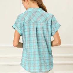 Allegra K Women's Plaid Check Button Down Shirt Short Sleeve Summer Workwear Top Blouse