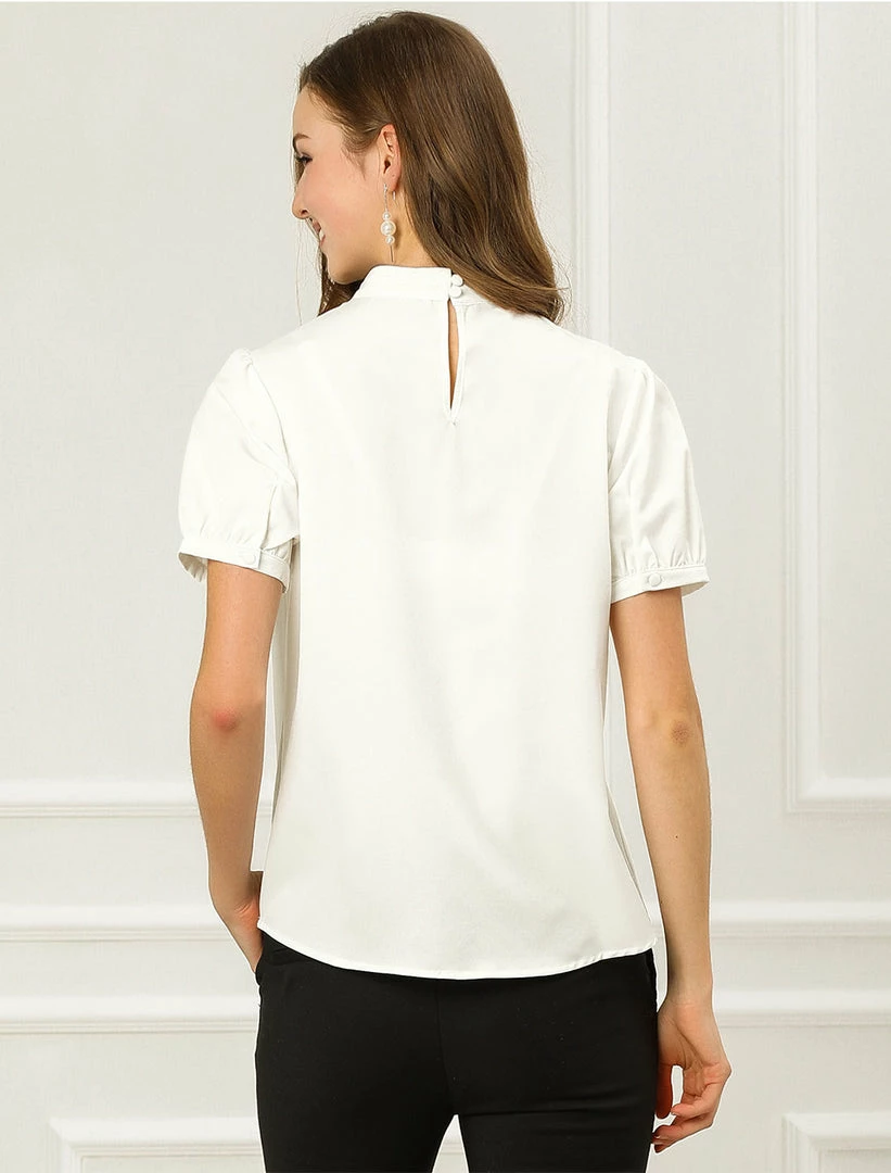 Allegra K Women's Cut Out Keyhole Short Puff Sleeves Shirt Mock Neck Top 7 Allegra K Women's Cut Out Keyhole Short Puff Sleeves Shirt Mock Neck Top