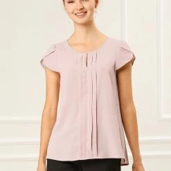 Allegra K Women's Short Sleeve Pleated Front Office Round Neck Chiffon Keyhole Tops
