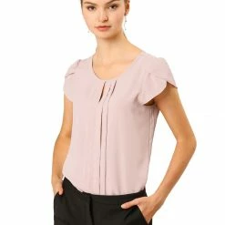 Allegra K Women's Short Sleeve Pleated Front Office Round Neck Chiffon Keyhole Tops