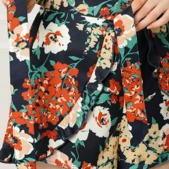 Allegra K Women's High Tie Elastic Waist Ruffle A-Line Floral Culottes Shorts