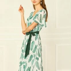 Allegra K Women's Flutter Sleeve V Neck Belted Chiffon Leaf Prints Dress 21 Allegra K Women's Flutter Sleeve V Neck Belted Chiffon Leaf Prints Dress