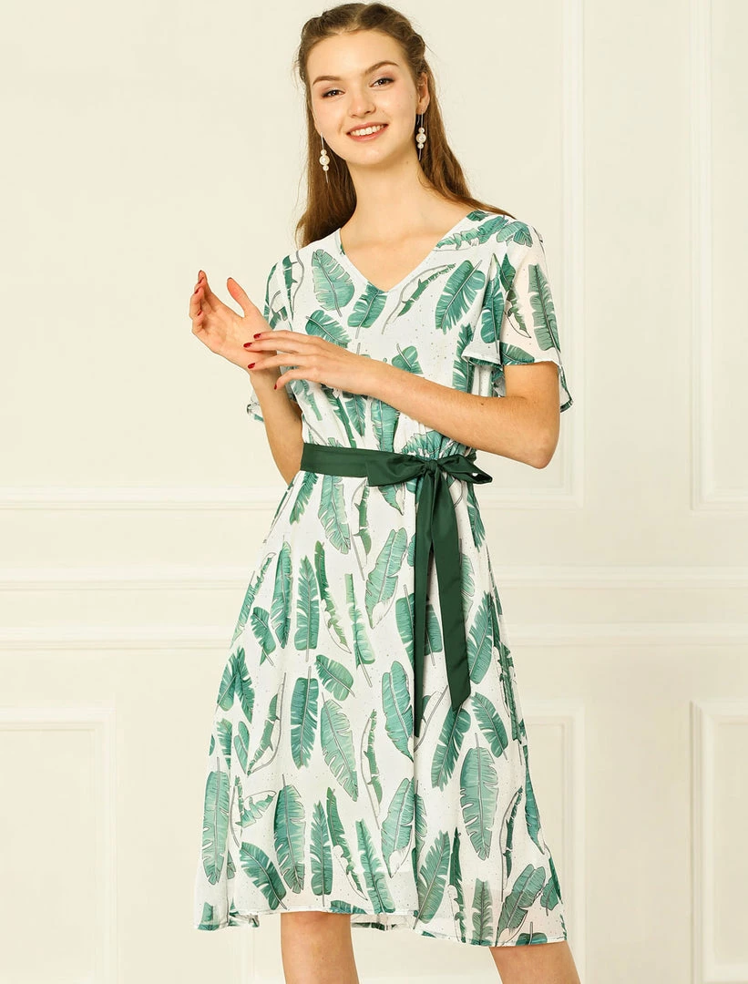 Allegra K Women's Flutter Sleeve V Neck Belted Chiffon Leaf Prints Dress 5 Allegra K Women's Flutter Sleeve V Neck Belted Chiffon Leaf Prints Dress