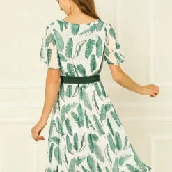 Allegra K Women's Flutter Sleeve V Neck Belted Chiffon Leaf Prints Dress 23 Allegra K Women's Flutter Sleeve V Neck Belted Chiffon Leaf Prints Dress