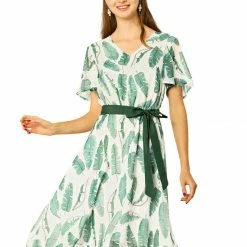 Allegra K Women's Flutter Sleeve V Neck Belted Chiffon Leaf Prints Dress