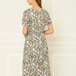 Allegra K Women's Spring Floral Print Dress V-neck Short Sleeves Casual Elegant Midi Dresses