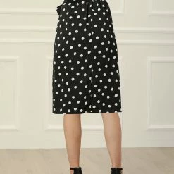 Allegra K Women's Retro Polka Dots Tie Waist Split Midi Skirt