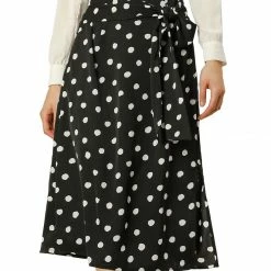 Allegra K Women's Retro Polka Dots Tie Waist Split Midi Skirt