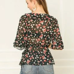 Allegra K Women's Floral Print Ruffle Cuff Self Tie V Neck Wrap Chiffon Top Shirt