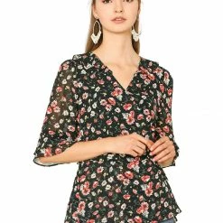 Allegra K Women's Floral Print Ruffle Cuff Self Tie V Neck Wrap Chiffon Top Shirt