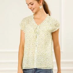 Allegra K Women's Floral Printed Ruffles Cap Sleeve Chiffon Blouse Top