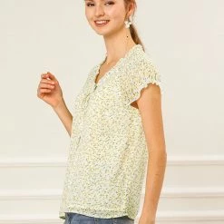 Allegra K Women's Floral Printed Ruffles Cap Sleeve Chiffon Blouse Top