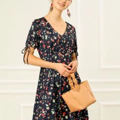 Allegra K Women's Floral V Neck Short Sleeves Elastic Tie Cuff A-Line Dress
