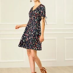 Allegra K Women's Floral V Neck Short Sleeves Elastic Tie Cuff A-Line Dress