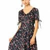 Allegra K Women's Floral V Neck Short Sleeves Elastic Tie Cuff A-Line Dress 2 Allegra K Women's Floral V Neck Short Sleeves Elastic Tie Cuff A-Line Dress
