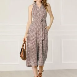 Allegra K Women's Sleeveless Low Open Back Tile Print Halter Neckline Tie Waist Jumpsuit