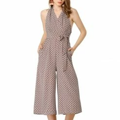 Allegra K Women's Sleeveless Low Open Back Tile Print Halter Neckline Tie Waist Jumpsuit