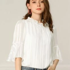 Allegra K Women's Ruffled Neck Vintage Bell Sleeves Chiffon Blouses