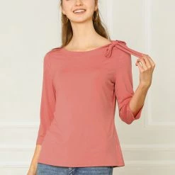 Allegra K Women's Slim Fit Bow Tie Neck 3/4 Sleeves Work Elegant Knit Top 16 Allegra K Women's Slim Fit Bow Tie Neck 3/4 Sleeves Work Elegant Knit Top