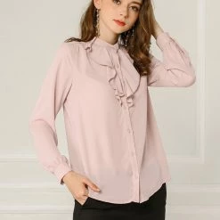 Allegra K Women's Chiffon Work Office Stand Collar Button Up Long Sleeve Shirts Blouse