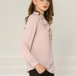 Allegra K Women's Chiffon Work Office Stand Collar Button Up Long Sleeve Shirts Blouse